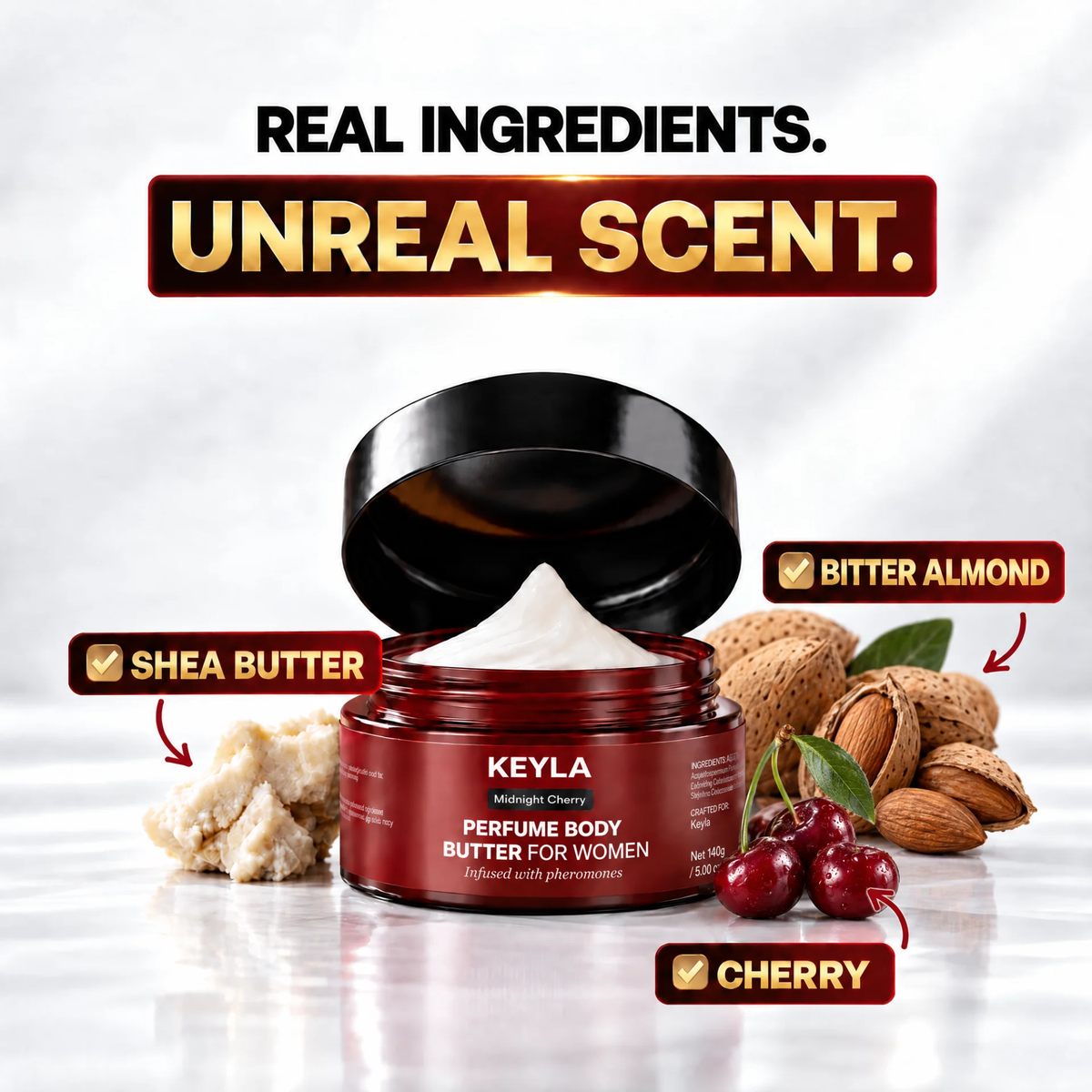 Open KEYLA Midnight Cherry body butter jar surrounded by shea butter, bitter almond and cherries.