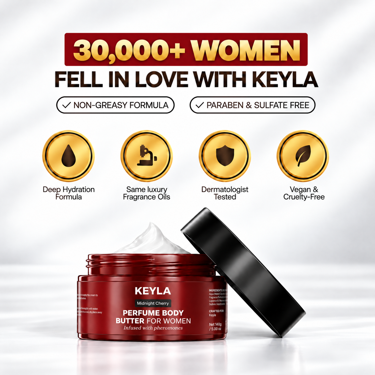 Open KEYLA Midnight Cherry body butter jar with hydration, fragrance, dermatologist-tested and vegan benefit icons.