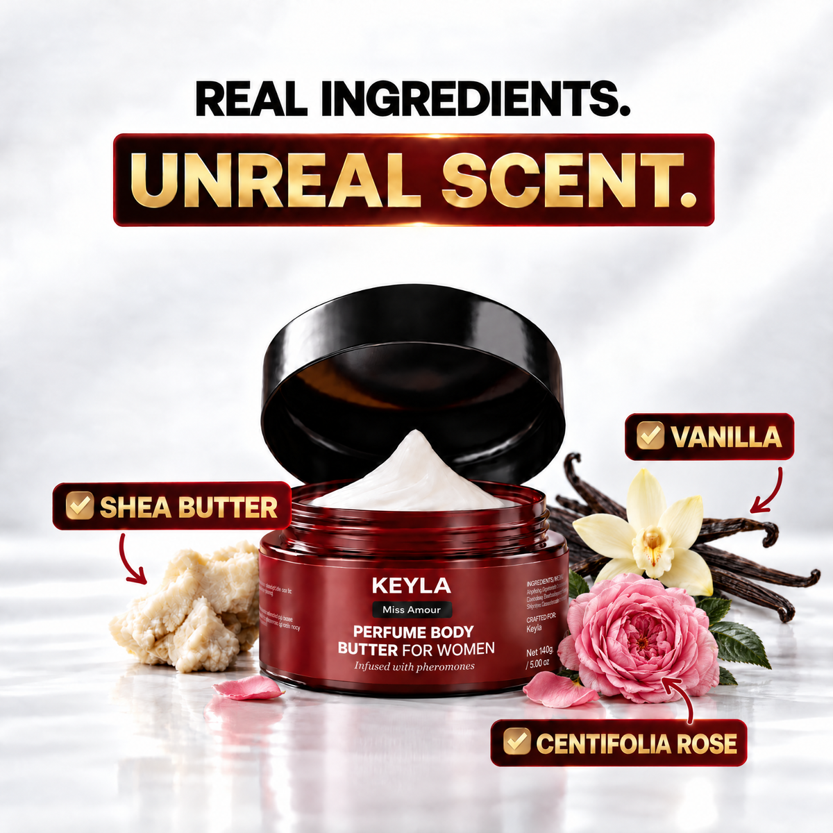 Open KEYLA Miss Amour body butter with shea butter, vanilla and centifolia rose.