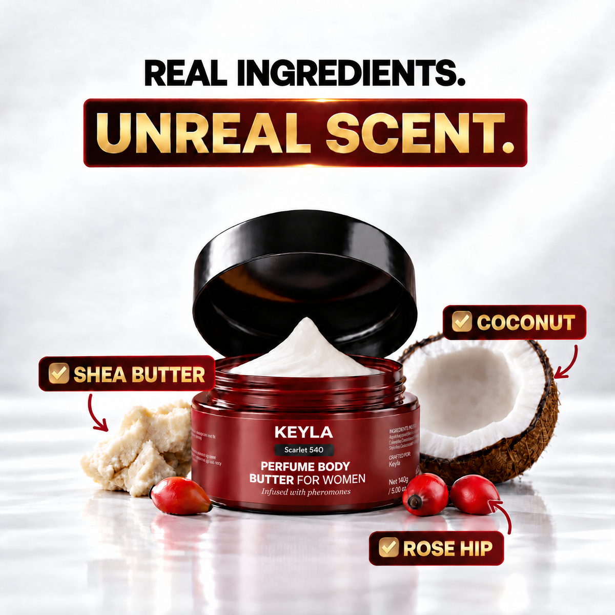 Open KEYLA Scarlet 540 body butter jar surrounded by shea butter, coconut and rosehips.