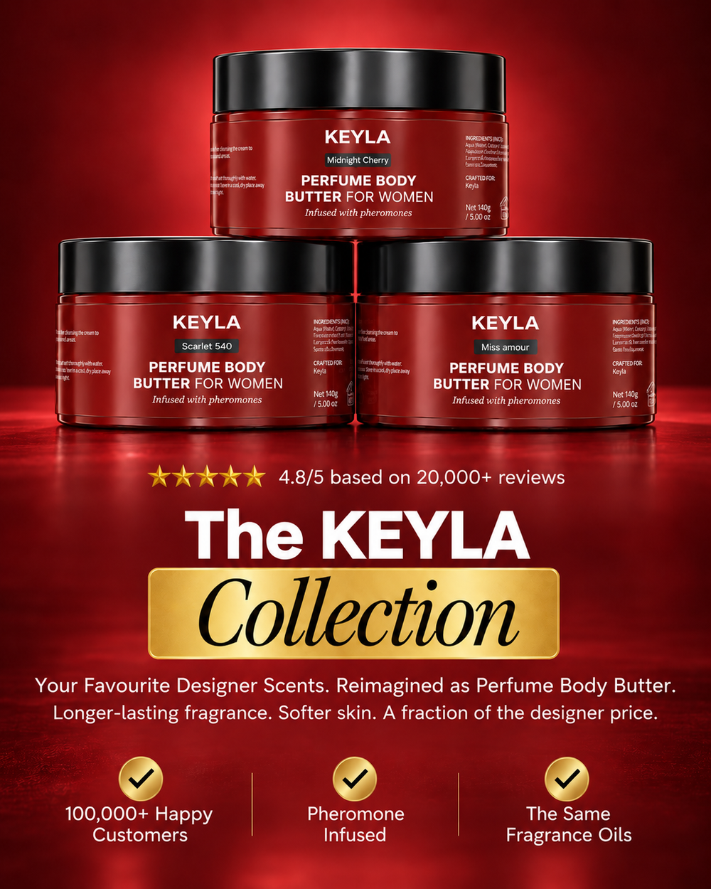 Three KEYLA perfume body butter jars.