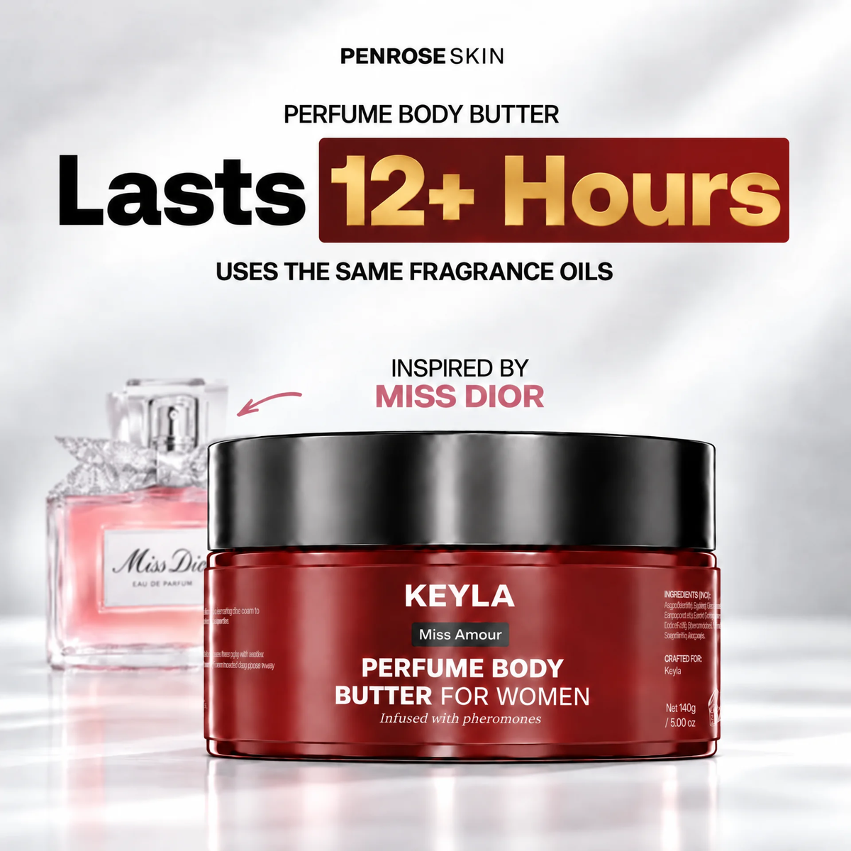 KEYLA Miss Amour perfume body butter in a burgundy jar beside a Miss Dior fragrance bottle, with a 12+ hour scent headline.