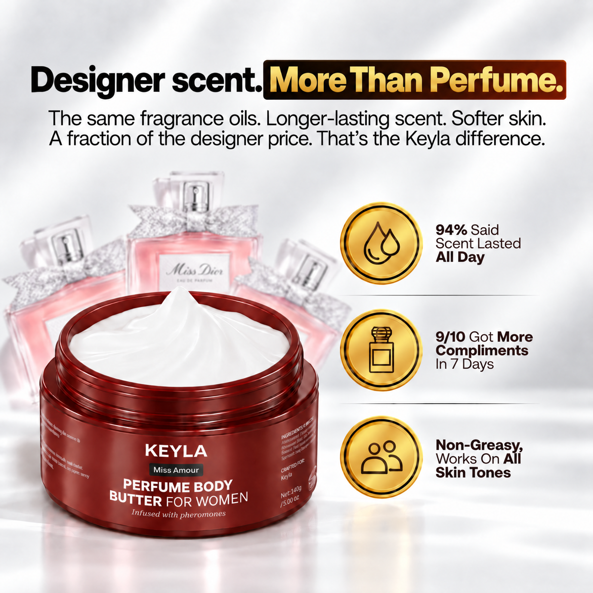 Open KEYLA Miss Amour body butter jar with white cream, Miss Dior bottles and scent-benefit icons.