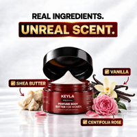 Open KEYLA Miss Amour body butter jar surrounded by shea butter, vanilla and centifolia rose.