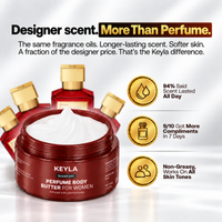 Open KEYLA Scarlet 540 body butter jar with white cream, Baccarat Rouge 540 bottles and scent-benefit icons.