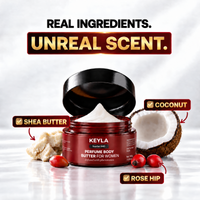 Open KEYLA Scarlet 540 body butter jar surrounded by shea butter, coconut and rosehips.