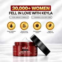 Open KEYLA Scarlet 540 body butter jar with hydration, fragrance, dermatologist-tested and vegan benefit icons.