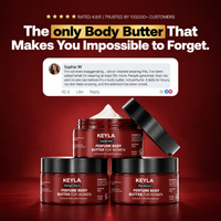 KEYLA Scarlet 540, Midnight Cherry and Miss Amour jars beneath a Sophie W testimonial on a burgundy background.