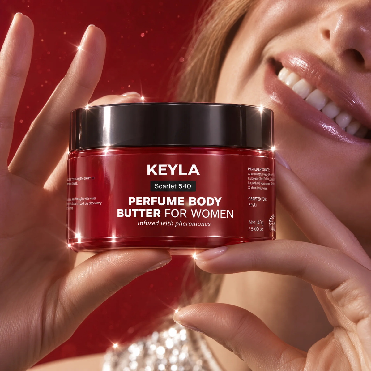 Woman holding KEYLA Scarlet 540 perfume body butter in a burgundy jar.